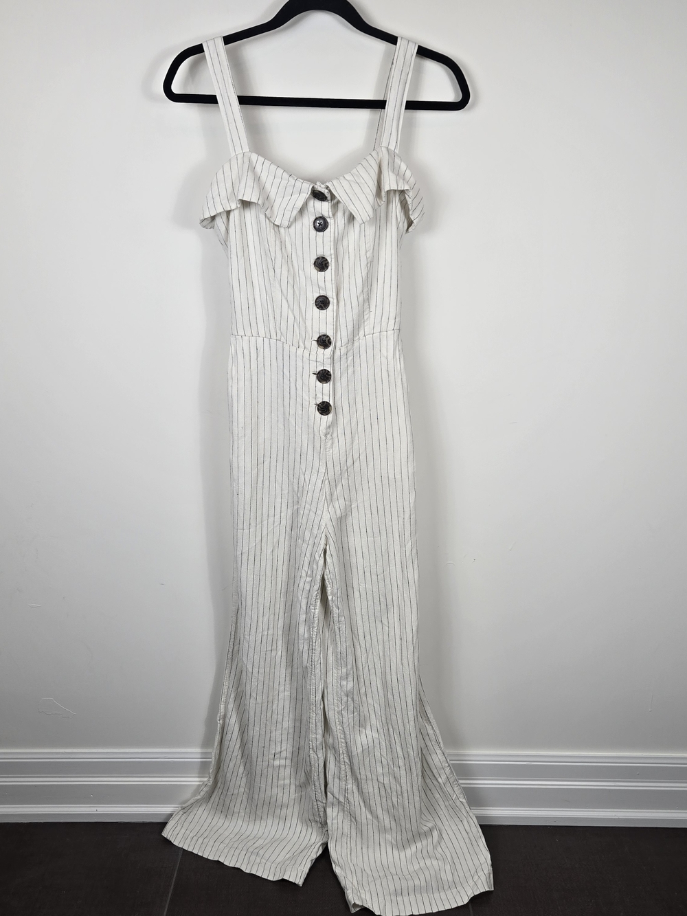 Dex Pin Stripe Jumpsuit Wide Leg Button Front Lined Top Coastal Summer S